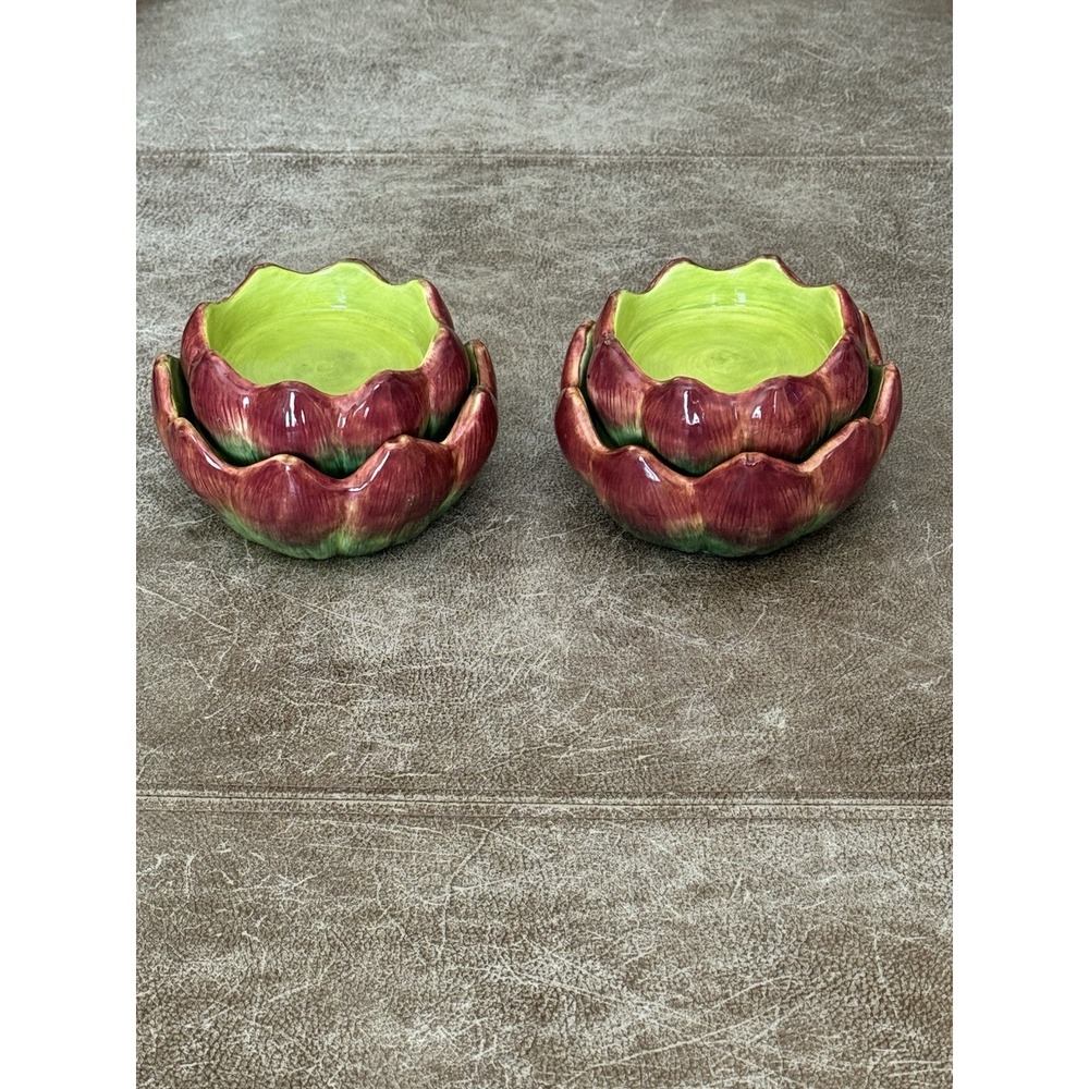 Department 56 Lotus‎ Artichoke Candle Holder Red Green Ceramic Set Of 2 RARE